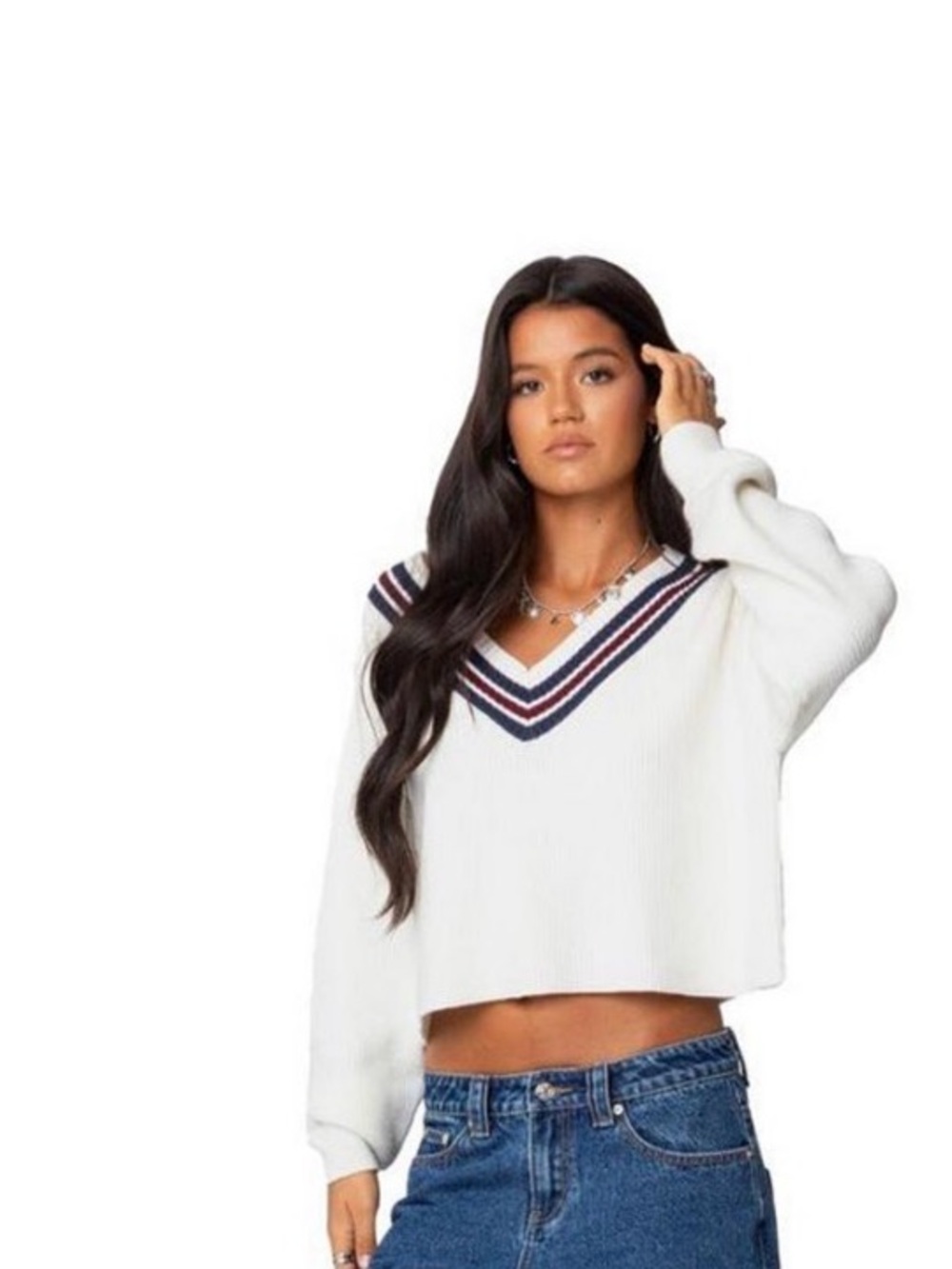 Edikted White V-Neck Cropped Sweater with Navy & Red Trim